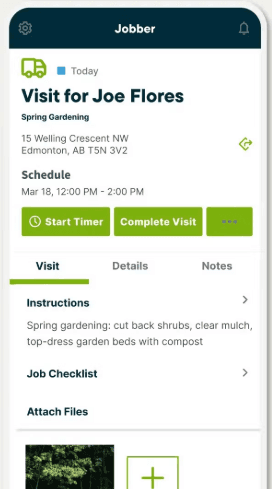 Jobber mobile app visit screen showing scheduled job, address, start timer, complete visit, and job checklist