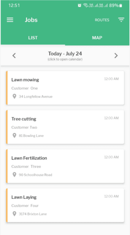 Yardbook mobile jobs list showing today's lawn and landscape visits with customer names and addresses