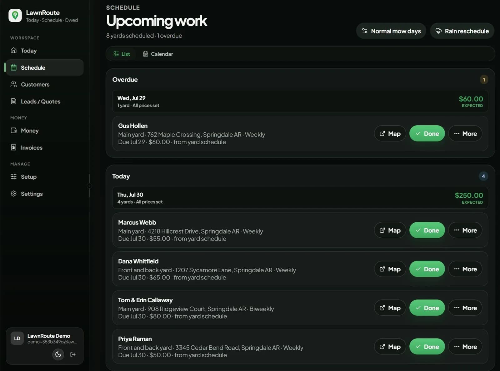 The same LawnRoute schedule on a desktop: upcoming yards grouped by day beside the workspace sidebar