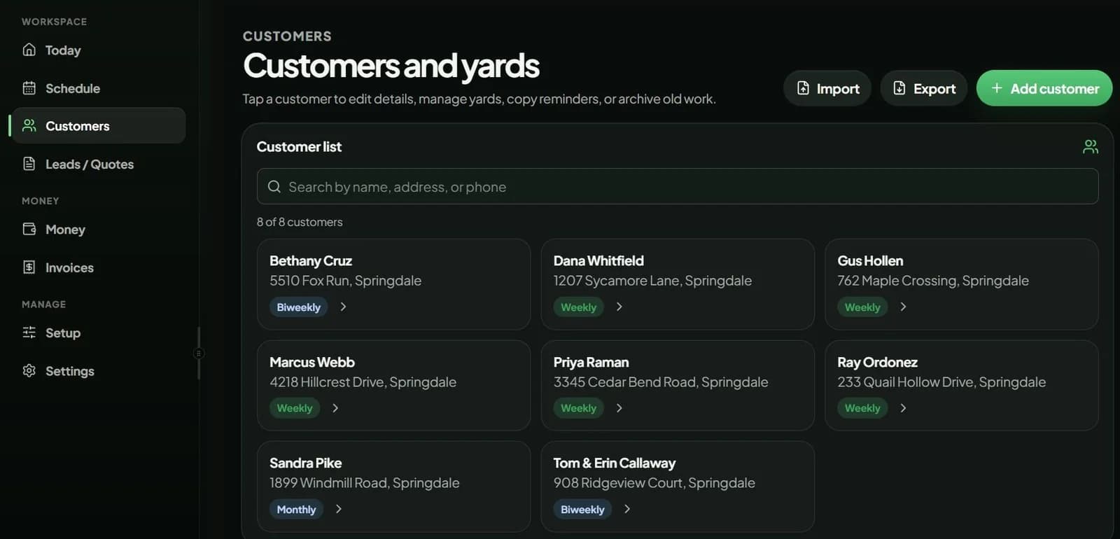 LawnRoute Customers screen showing lawn care client list with yards, service details, and quick access to each property