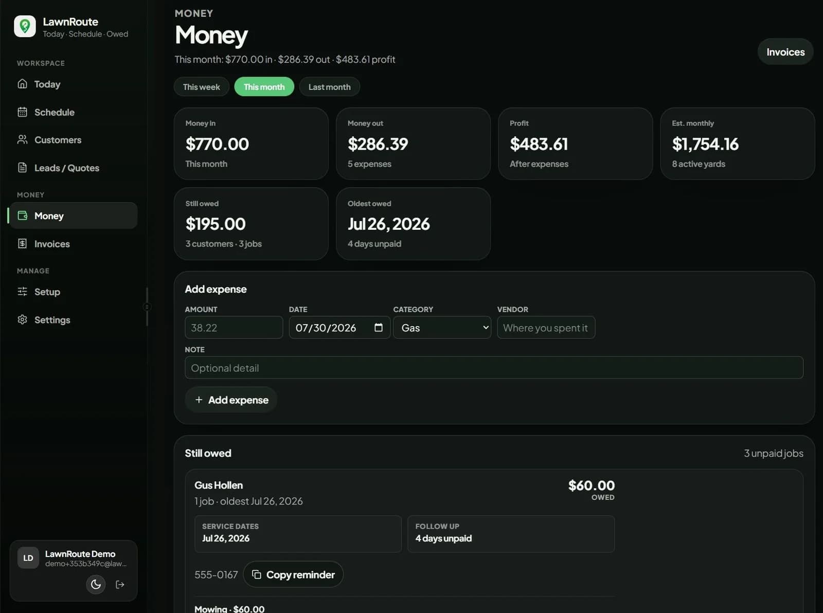 LawnRoute Money screen on a phone showing money in, money out, and profit for the month