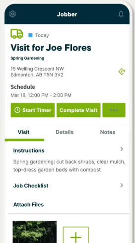 Jobber mobile app visit screen showing scheduled job, address, start timer, complete visit, and job checklist
