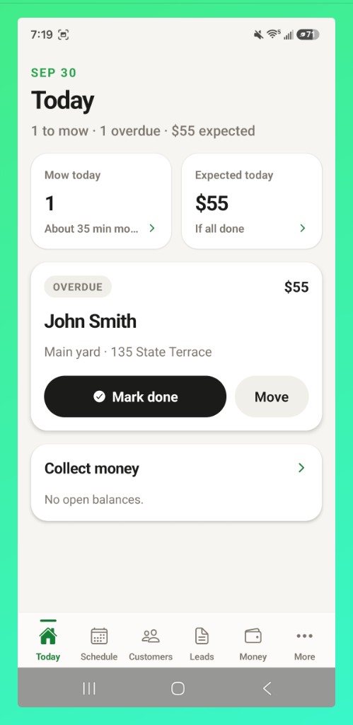 LawnRoute Today screen on a phone showing one yard due, overdue status, mark done, and expected earnings for the day