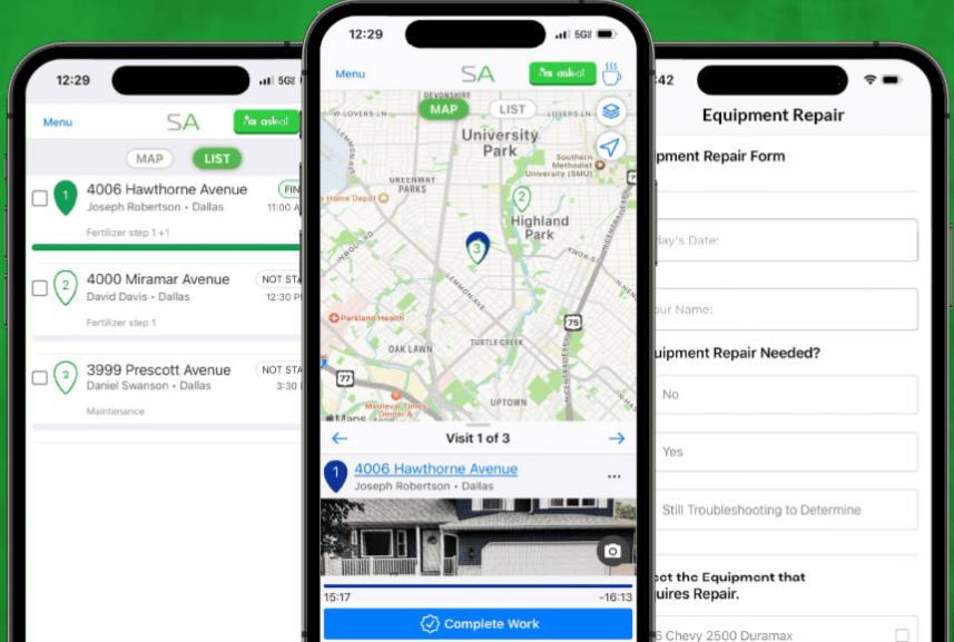 Service Autopilot mobile app showing job list, map with routed stops, visit details, and field forms