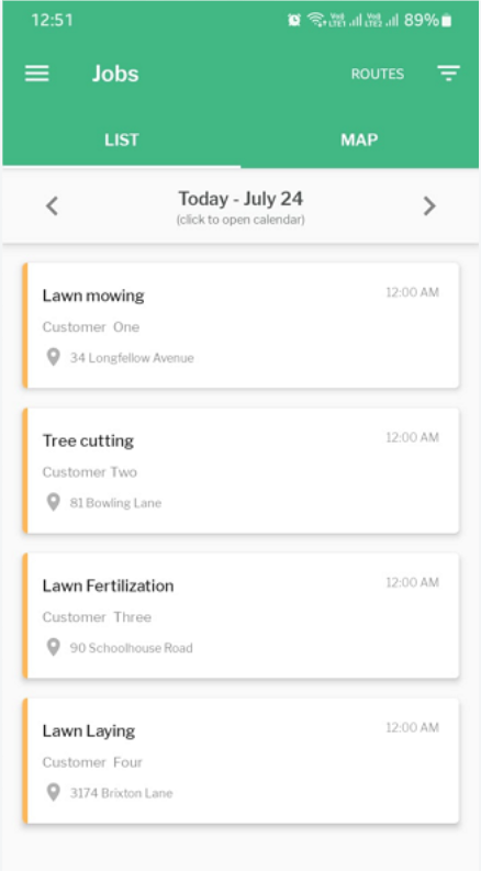 Yardbook mobile jobs list showing today's lawn and landscape visits with customer names and addresses